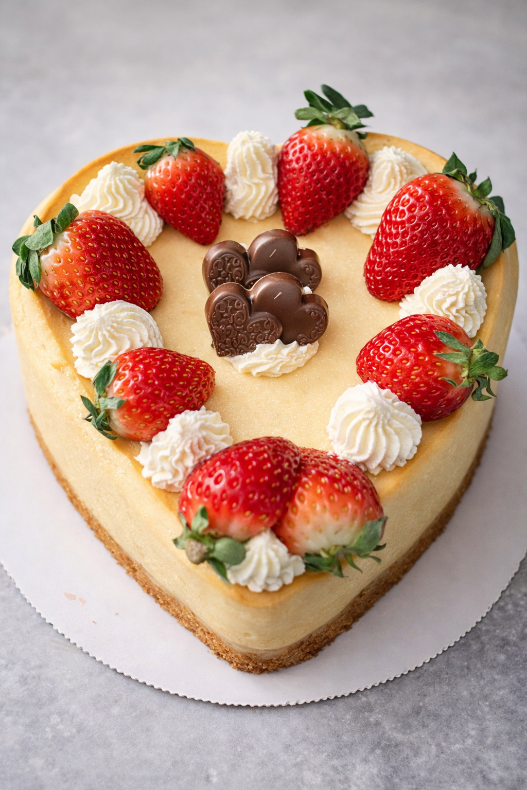 8-inch heart-shaped Italian cheesecake topped with fresh strawberries, whipped cream rosettes, and chocolate hearts