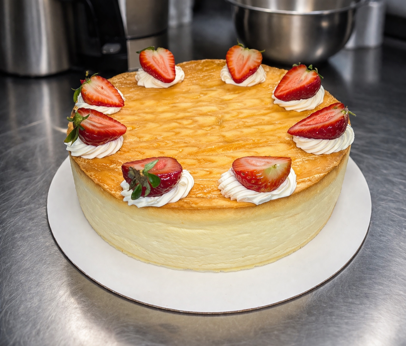 Salted Caramel 10-inch cheesecake with fresh strawberries and whipped cream rosettes