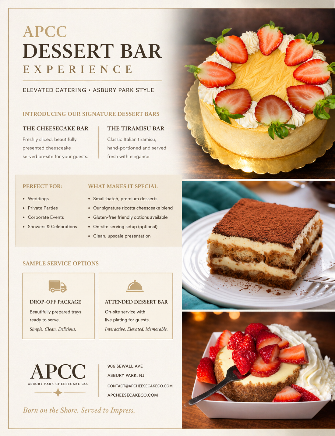APCC Dessert Bar Experience catering flyer featuring signature cheesecake and tiramisu