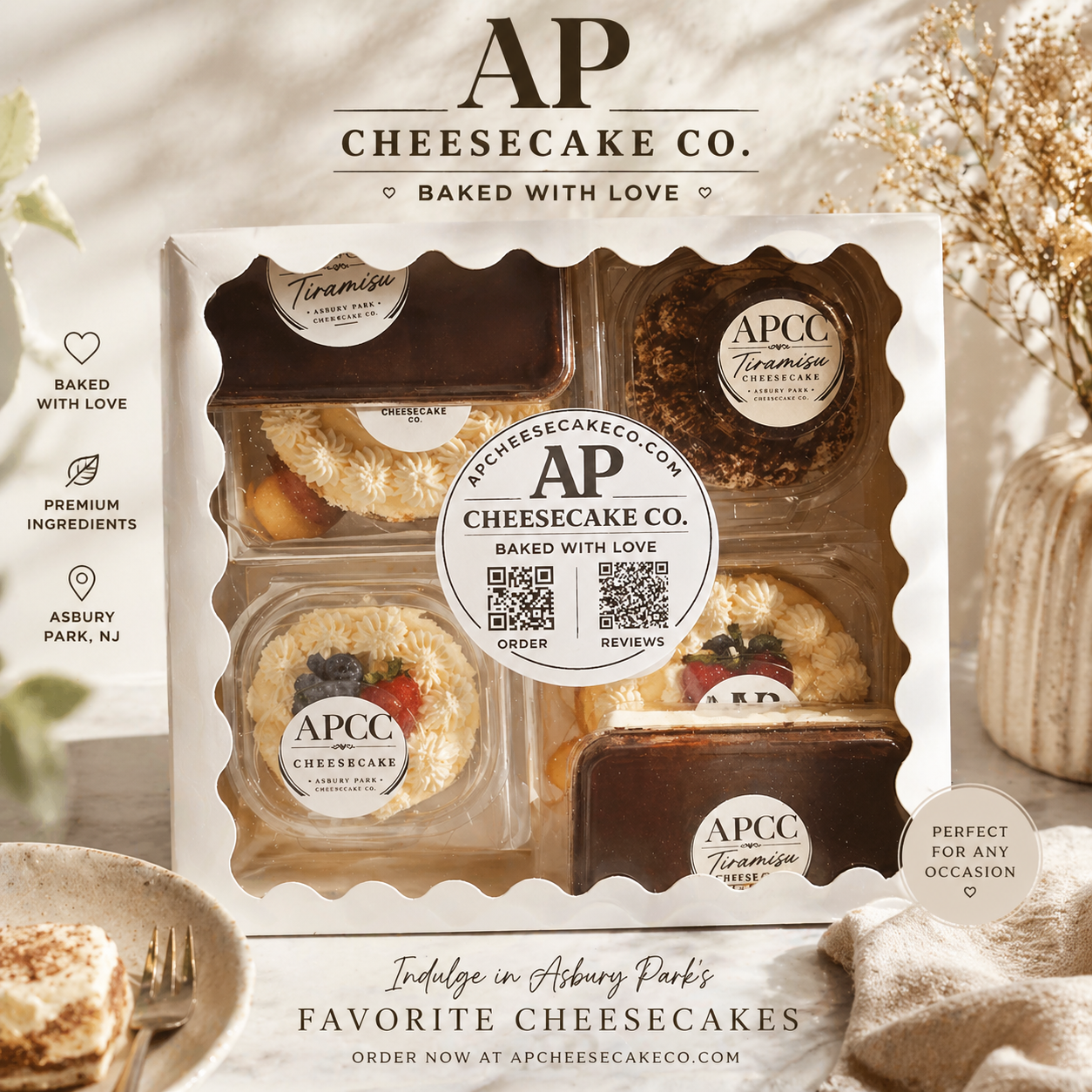 APCC Tasting Box — assorted mini cheesecakes and tiramisu in a branded gift box