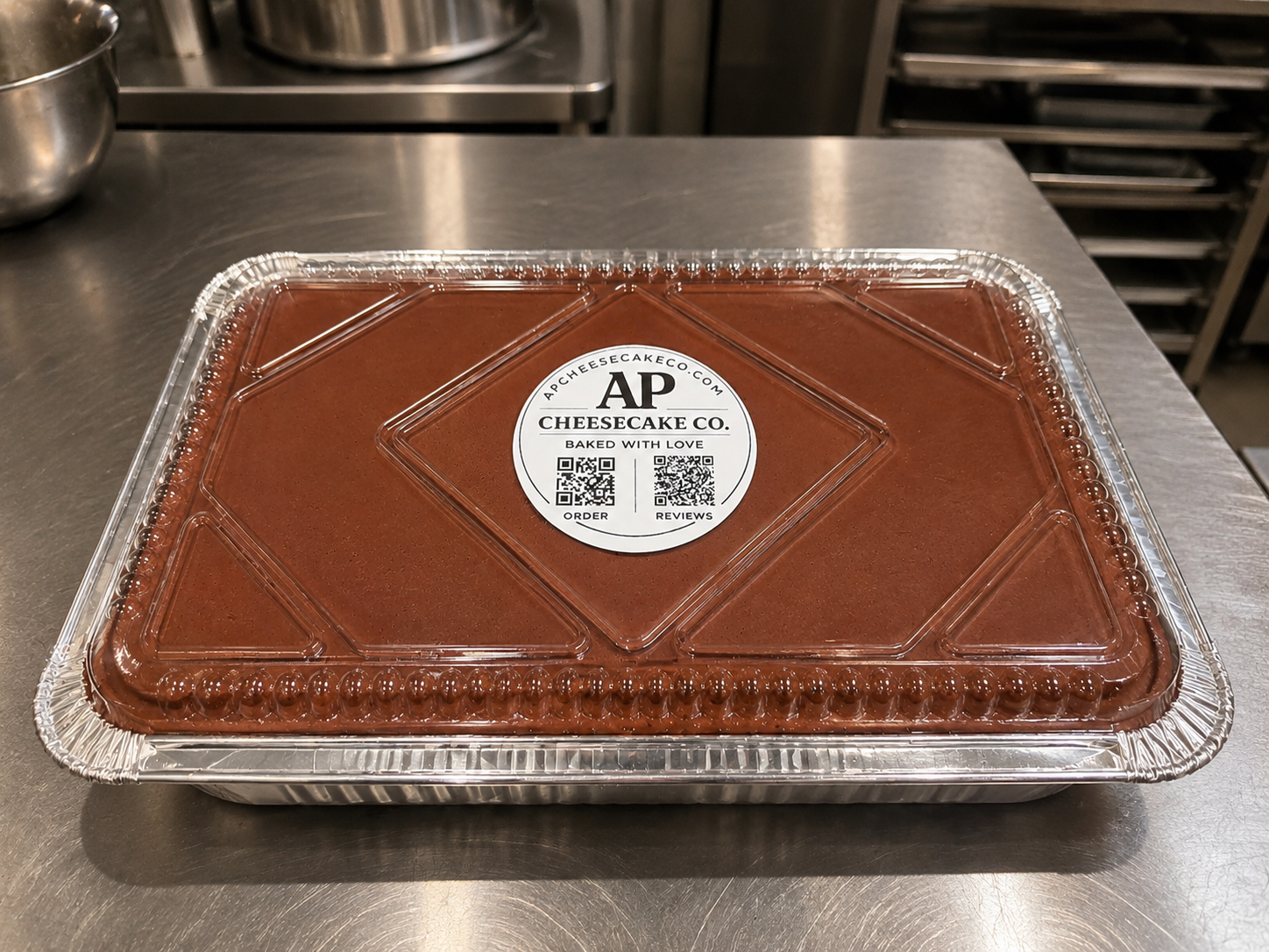 APCC Tiramisu catering tray — 12 × 20 foil pan with AP branded lid, baked with love
