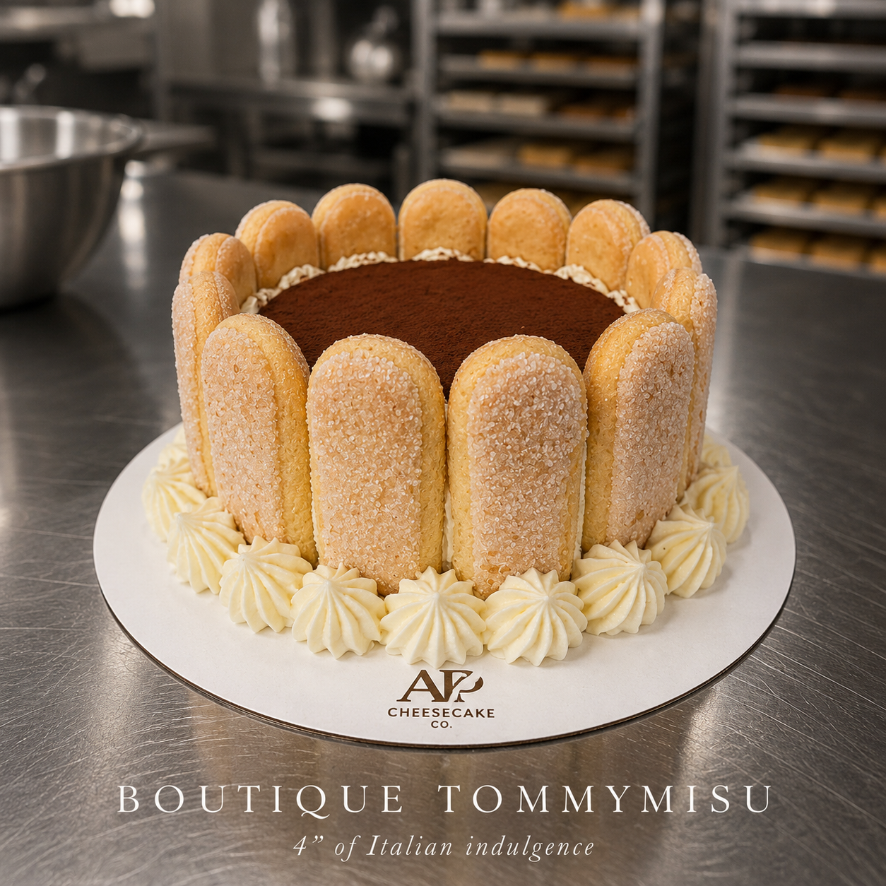 4-inch Boutique Tommymisu on an APCC branded cake board — espresso-soaked ladyfingers, mascarpone clouds and hand-dusted cocoa, ringed with piped whipped cream rosettes