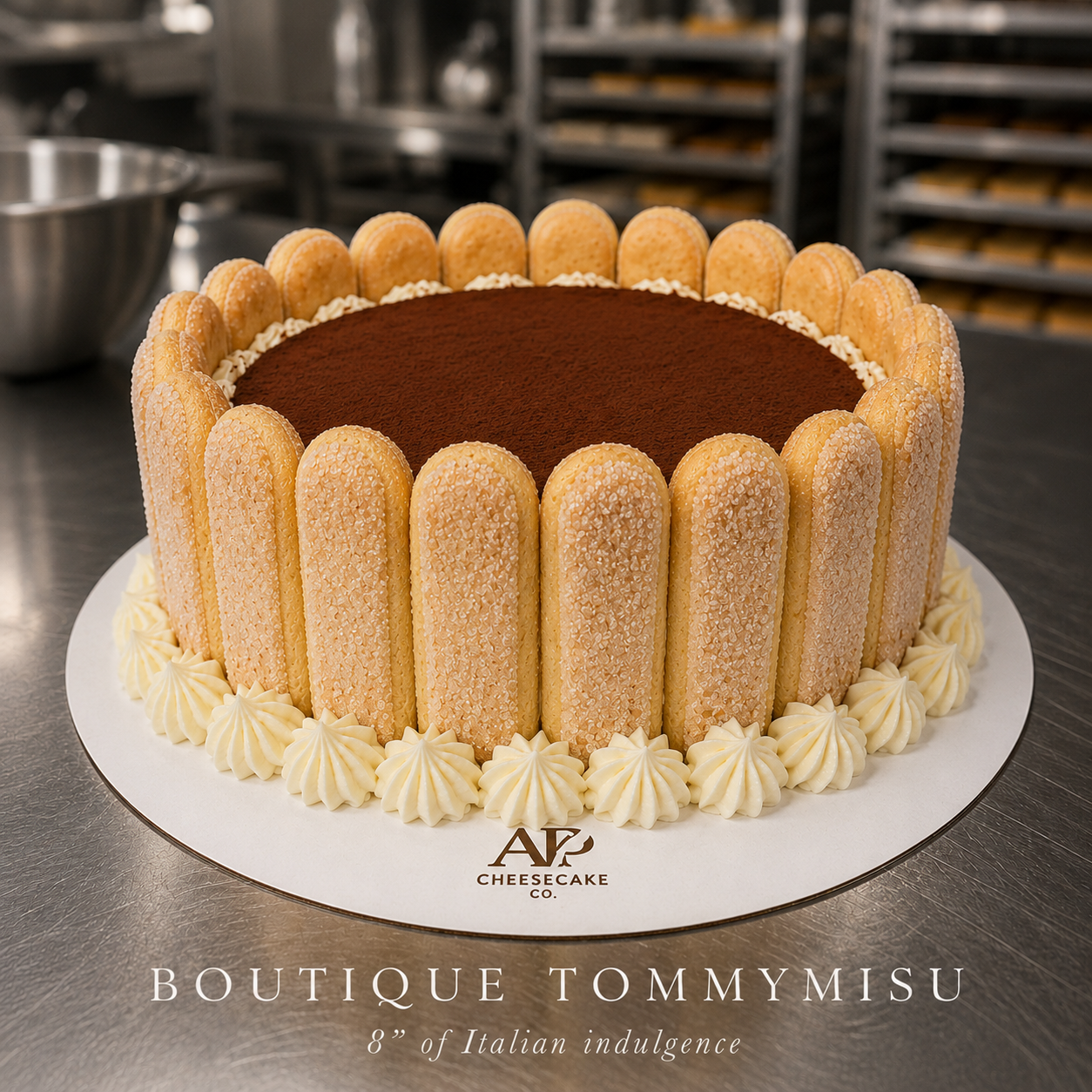 8-inch Boutique Tommymisu on an APCC branded cake board — espresso-soaked ladyfingers, mascarpone clouds and hand-dusted cocoa, ringed with piped whipped cream rosettes