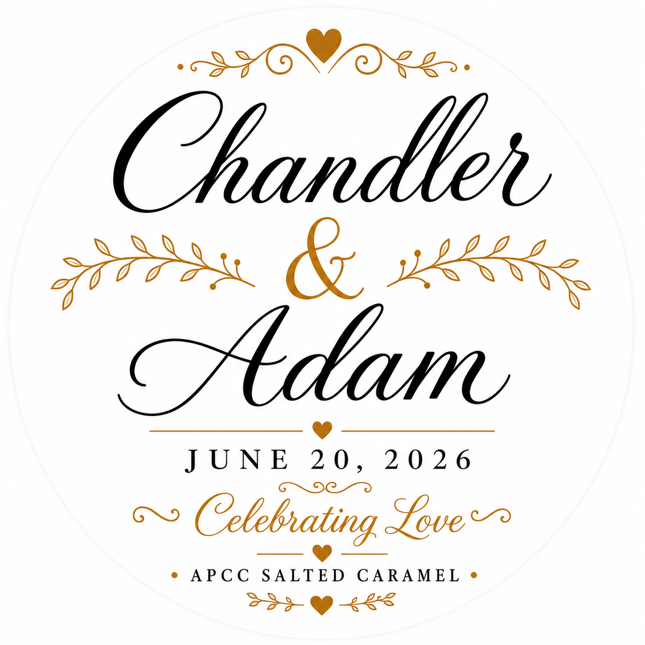 Custom APCC cup lid label — Chandler & Adam, June 20 2026 — gold and cream personalized design