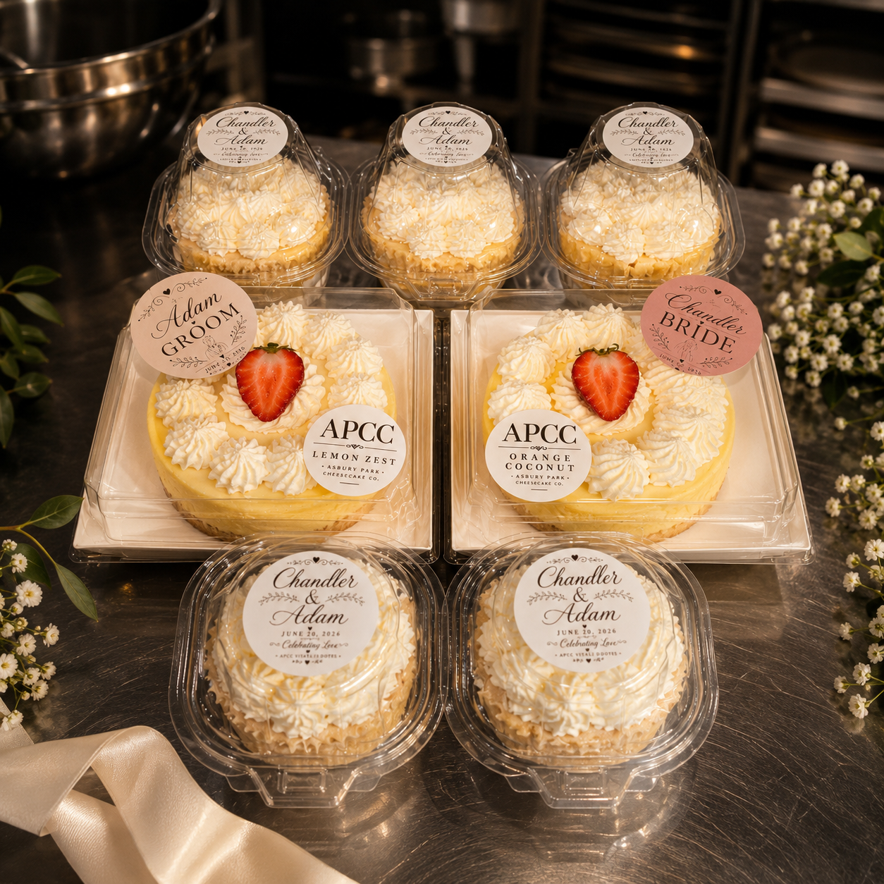 APCC wedding cheesecake suite — mini cheesecakes and 6-inch cakes with full custom labels carrying the couple's names, dates, and personalized packaging on a kitchen counter with cream satin ribbon